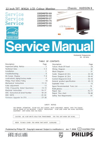 Philips 220SW8 LCD Monitor Service Manual - cover page