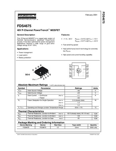 Fairchild FDS4675 P-Channel MOSFET Datasheet - cover page