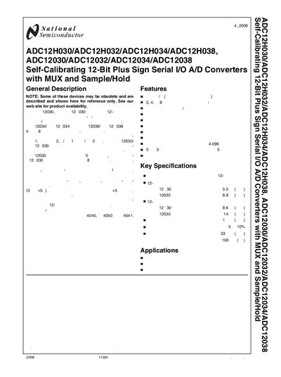NATIONAL SEMICONDUCTOR Self-Calibrating 12-Bit Plus Sign Serial I/O A/D Converters with MUX Sample/Hold ADC12H030/ADC12H032/ADC12H034/ADC12H038 ADC12030/ADC12032/ADC12034/ADC12038 Manual - cover page