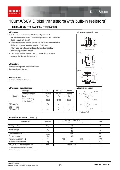 ROHM DTC044EUB Datasheet - cover page