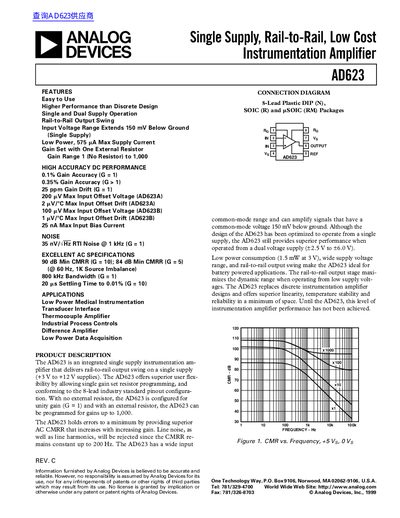 Analog Devices AD623 Instrumentation Amplifier Datasheet