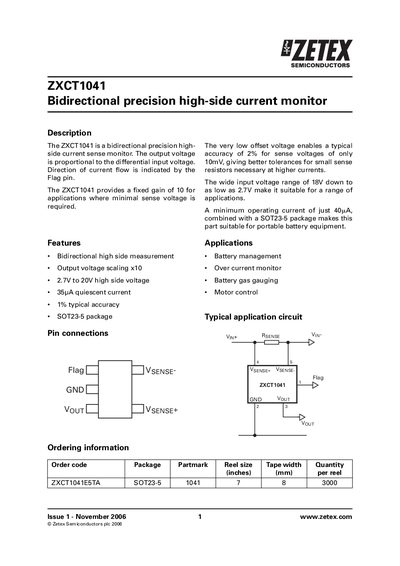 Zetex ZXCT1041 Bidirectional Precision High‑Side Current Monitor Datasheet - cover page