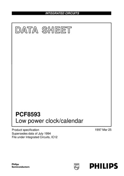 Philips PCF8593 Low Power Clock/Calendar Datasheet - cover page