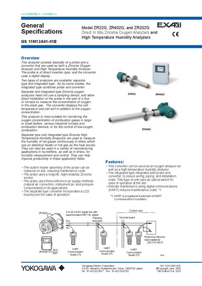 Yokogawa ZR22G/ZR402G/ZR202G Direct In Situ Zirconia Oxygen and High Temperature Humidity Analyzer User Manual