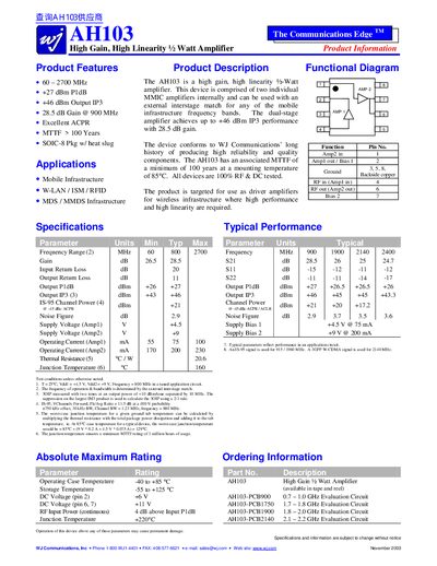 WJ AH103 High Gain High Linearity 2 Watt Amplifier Handbook - cover page