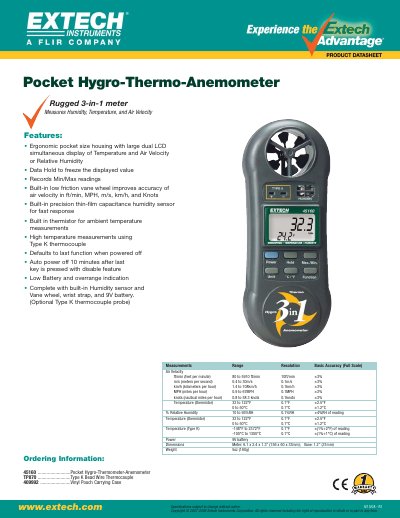 Extech 45160 Pocket Hygro-Thermo-Anemometer Specifications Sheet - cover page