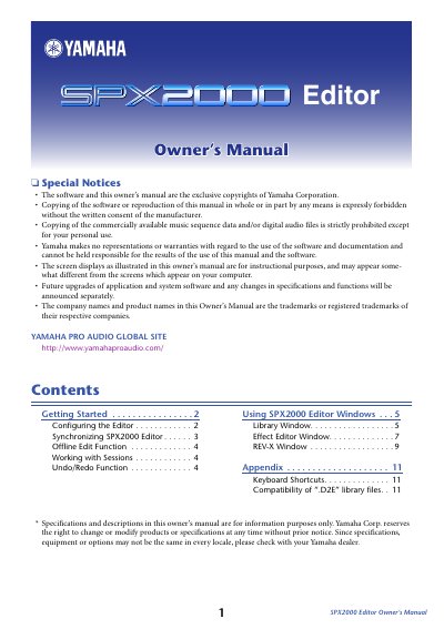 Yamaha SPX2000 Editor Owner's Manual - cover page
