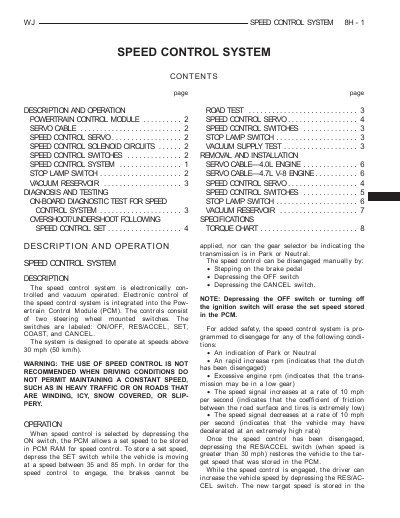 Chrysler WJ Speed Control System Service Manual