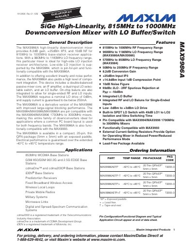 Maxim MAX9986A Downconversion Mixer Datasheet - cover page