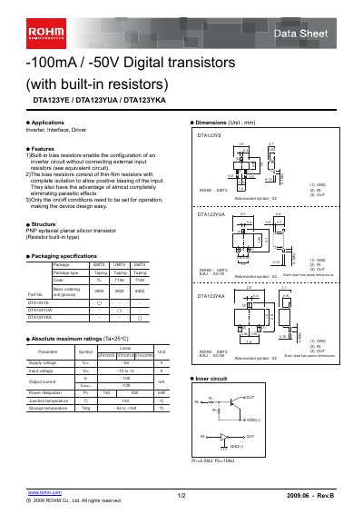 ROHM DTA123YUA Data Sheet - cover page