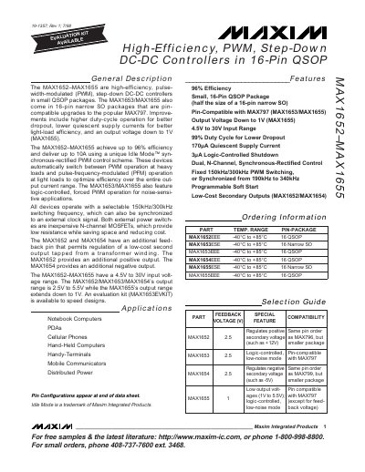 MAXIM MAX1652 MAX1655 High-Efficiency PWM Step-Down DC-DC Controllers in 16-Pin QSOP handbook - cover page
