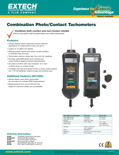 EXTECH 461895 ................Combination Contact/Photo Tachometer 461895-NIST ......461895 with NIST certificate 461995 ................Laser Photo/Contact Tachometer 461995-NIST ......461995 with  - cover page