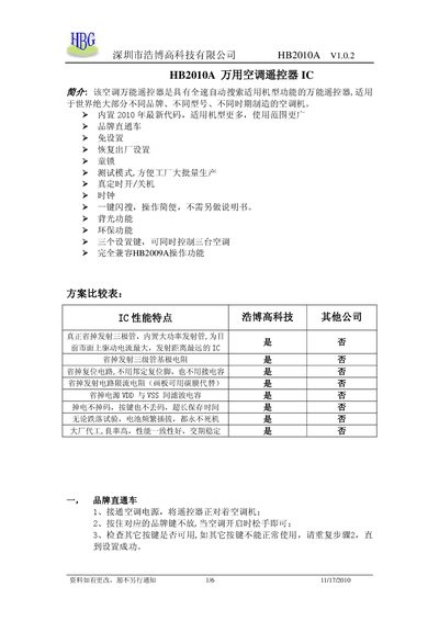 Haobogao HB2010A Universal Air Conditioner Remote IC Manual - cover page