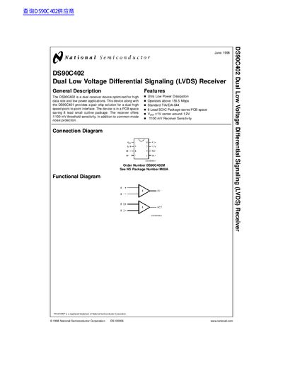 National Semiconductor DS90C402 Dual LVDS Receiver Datasheet - cover page
