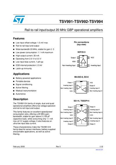 STMicroelectronics TSV991/TSV992/TSV994 Operational Amplifier Datasheet - cover page