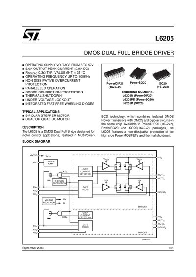 STMicroelectronics L6205 Dual Full Bridge Driver Datasheet - cover page