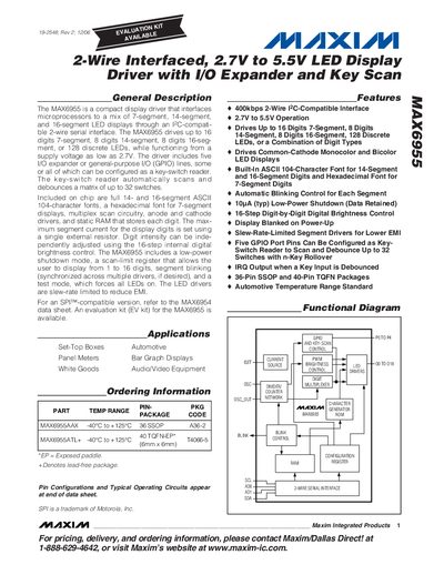 Maxim MAX6955 2‑Wire LED Display Driver with I/O Expander and Key Scan Datasheet - cover page