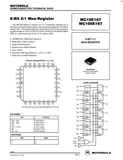 Motorola MC10E167/MC100E167 6-Bit 2:1 Mux-Register Datasheet