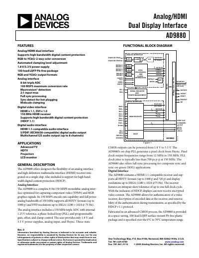 Analog Devices AD9880 Datasheet