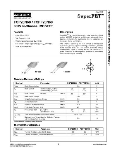 Fairchild Semiconductor FCP20N60 / FCPF20N60 Datasheet - cover page