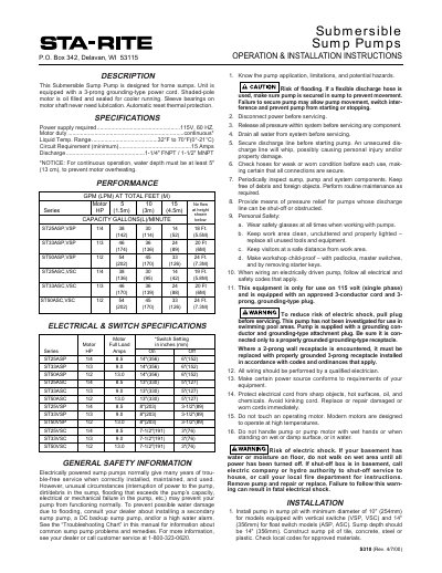 STA-RITE ST Series Submersible Sump Pump Installation and Operation Manual - cover page