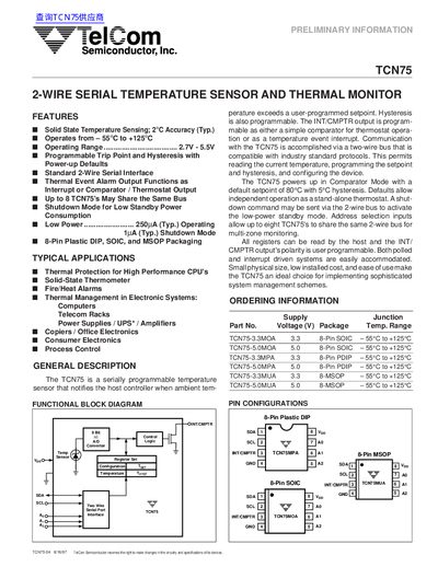 TelCom TCN75 2-Wire Serial Temperature Sensor and Thermal Monitor Handbook - cover page