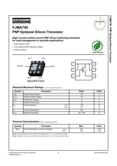 Fairchild FJMA790 PNP Epitaxial Silicon Transistor Datasheet - cover page