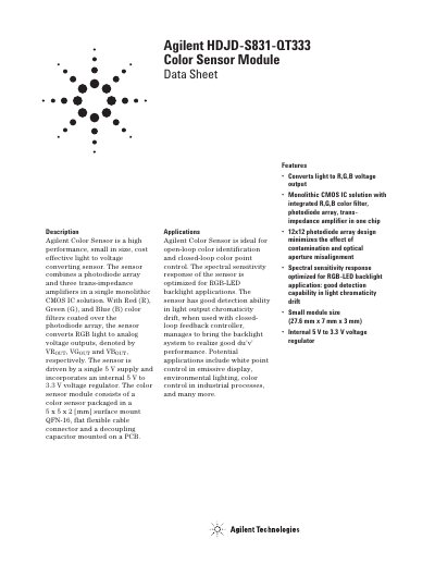 Agilent HDJD-S831-QT333 Color Sensor Module Datasheet - cover page