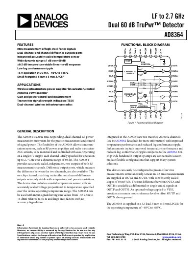 Analog Devices AD8364 Dual-Channel RF Power Detector Datasheet - cover page