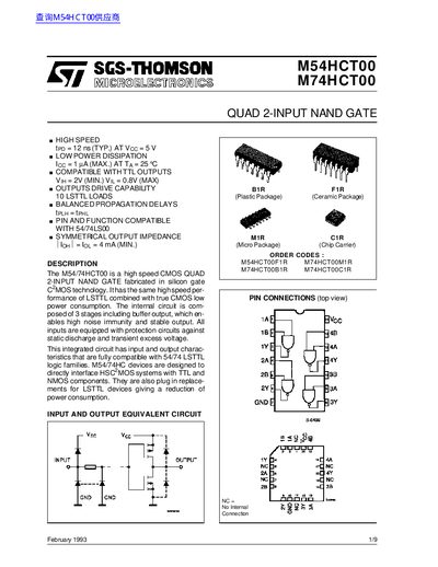 SGS-Thomson M54HCT00 / M74HCT00 Quad 2-Input NAND Gate Datasheet - cover page