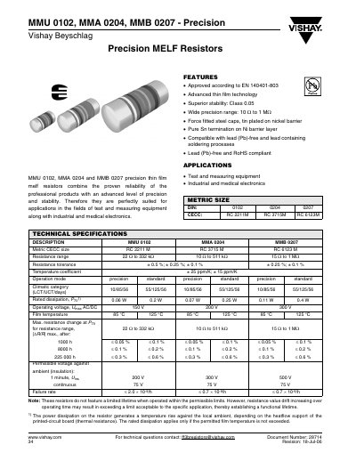 Vishay MMU 0102, MMA 0204, MMB 0207 Precision MELF Resistors Datasheet - cover page