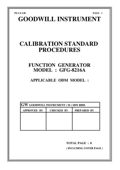 Goodwill Instrument GFG-8216A Function Generator Calibration Standard Procedures - cover page