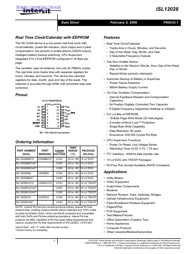 Intersil ISL12028 Real Time Clock/Calendar with EEPROM Datasheet