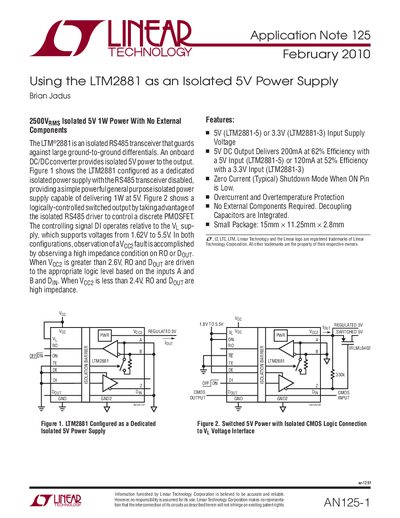Linear Technology LTM2881 Application Note 125 Isolated Power Supply - cover page