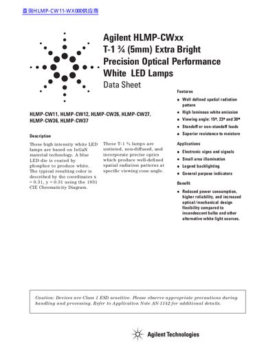 Agilent HLMP-CWxx T-1 (5mm) Extra Bright White LED Lamps Data Sheet - cover page
