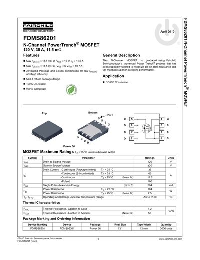 Fairchild Semiconductor FDMS86201 N-Channel MOSFET Datasheet - cover page