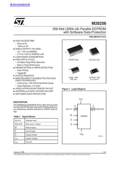 STMicroelectronics M28256 256 Kbit Parallel EEPROM Preliminary Data Sheet - cover page