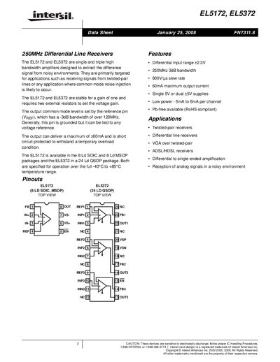 Intersil EL5172 and EL5372 Differential Line Receivers Datasheet - cover page
