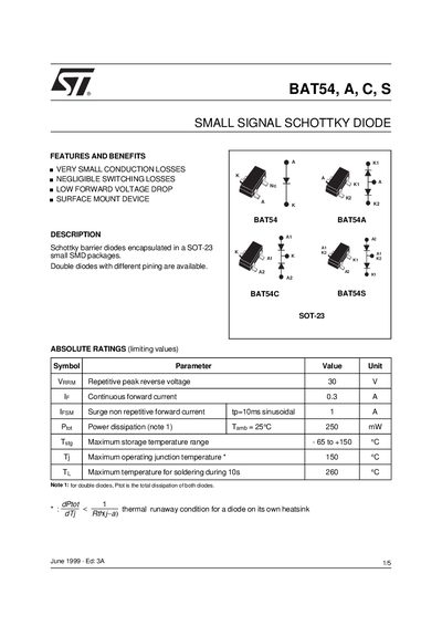 STMicroelectronics BAT54 Small Signal Schottky Diode Datasheet - cover page