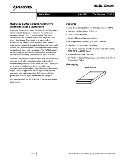 Harris AUML Series Multilayer Surface Mount Automotive Transient Surge Suppressors Datasheet - cover page