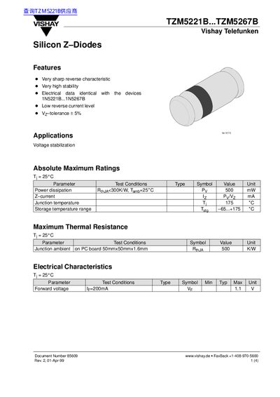 Vishay TZM5221B to TZM5267B Silicon Z-Diodes Datasheet - cover page