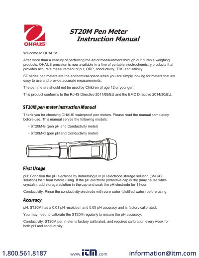 OHAUS ST20M Pen pH and Conductivity Meter Instruction Manual