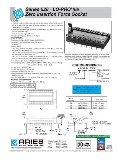 Aries Series 526 LO-PRO Zero Insertion Force Socket Product Leaflet - cover page