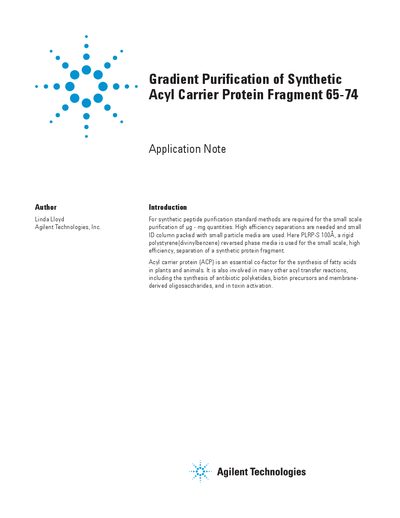 Agilent Gradient Purification of Synthetic Acyl Carrier Protein Fragment 65-74 Application Note - cover page