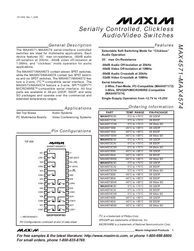 Maxim MAX4571–MAX4574 Serially Controlled Clickless Audio/Video Switches Datasheet - cover page