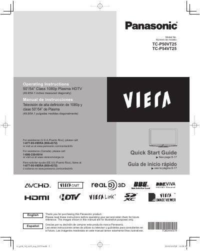 Panasonic TC-P50VT25-SPA Television Manual - cover page