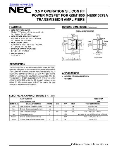 California Eastern Laboratories NE5510279A RF Power MOSFET Datasheet - cover page
