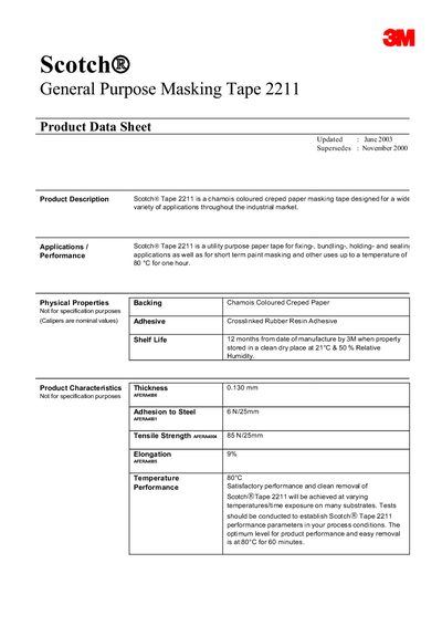 3M 2211 General Purpose Masking Tape Datasheet - cover page