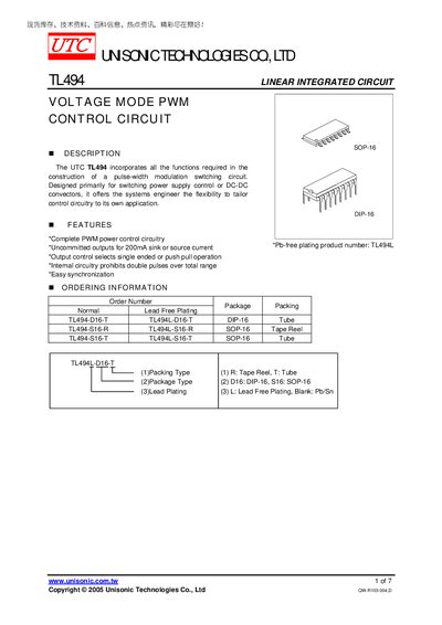 Unisonic Technologies TL494 Datasheet - cover page