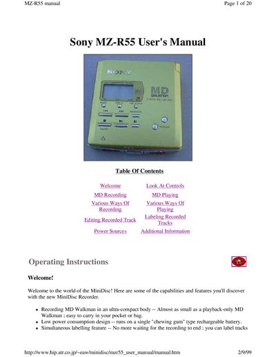 Sony MZ-R55 MiniDisc Recorder User Manual - cover page